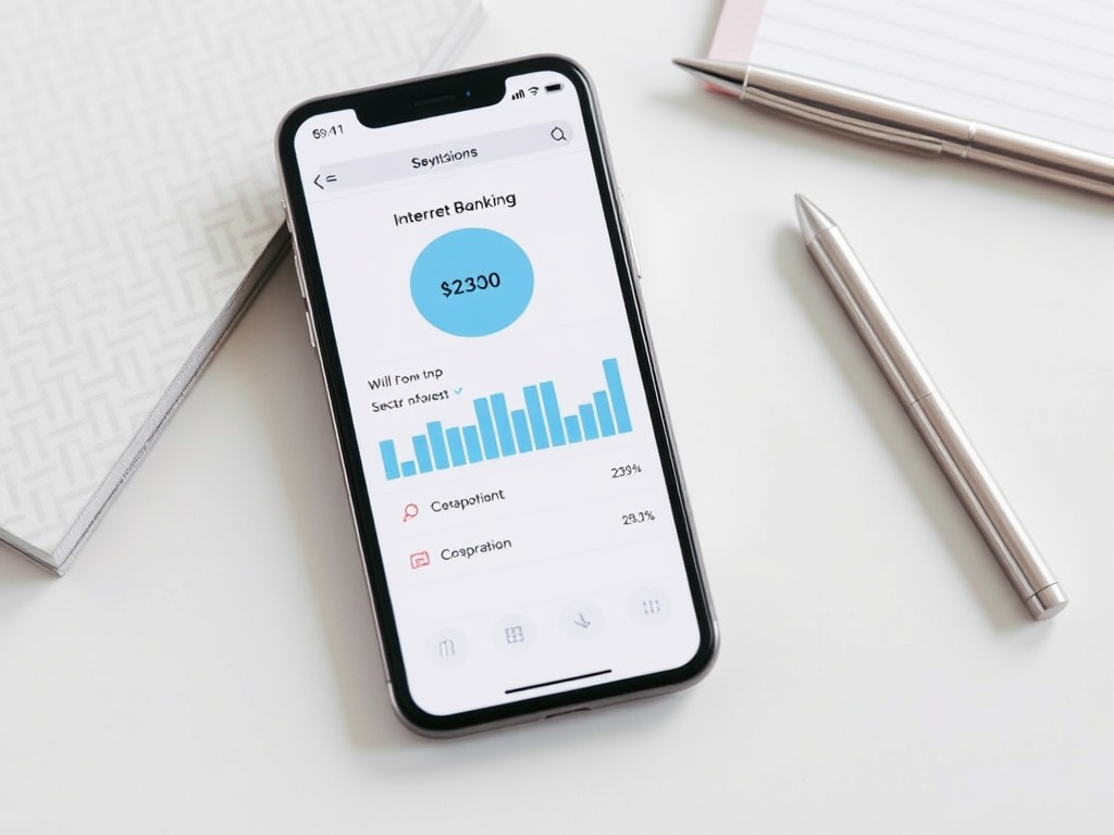 На экране телефона показан баланс интернет-банкинга $2300 и график расходов. Рядом блокнот и ручка.